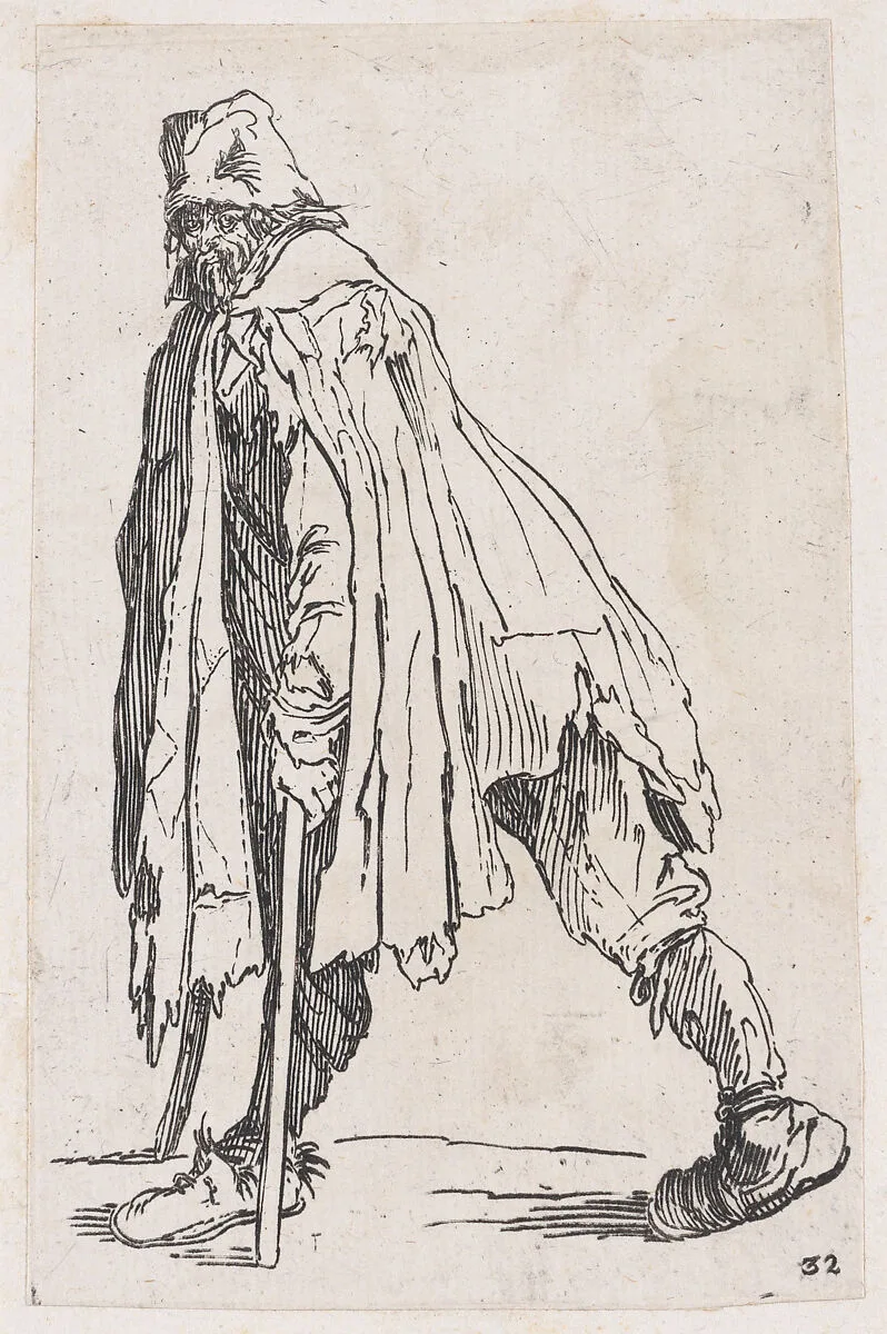 Reverse Copy of Le Mendiant aux Béquilles Coiffée d'un Chapeau et Vu de Dos (The Beggar with Crutches Wearing a Hat and Viewed from Behind), from Les Gueux suite appelée aussi Les Mendiants, Les Baroni, ou Les Barons (The Beggars, also called the Barons) — Jacques Callot|Anonymous