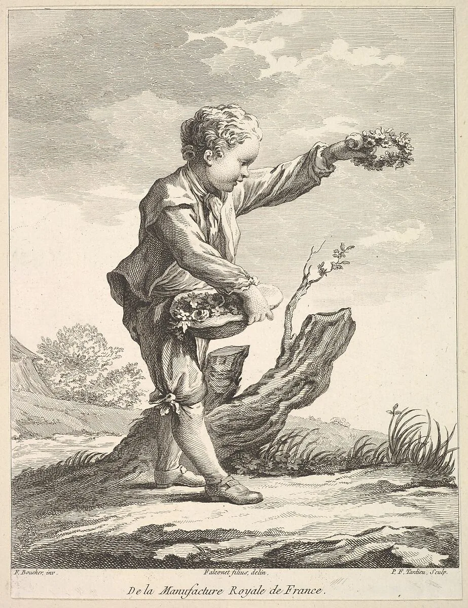 Little boy holding a wreath and basket of flowers, from Deuxième Livre de Figures d'après les porcelaines de la Manufacture Royale de France (Second Book of Figures after porcelains from the Manufacture Royale de France) — François Boucher|Pierre François Tardieu|Pierre Etienne Falconet