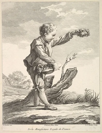 Little boy holding a wreath and basket of flowers, from Deuxième Livre de Figures d'après les porcelaines de la Manufacture Royale de France (Second Book of Figures after porcelains from the Manufacture Royale de France)