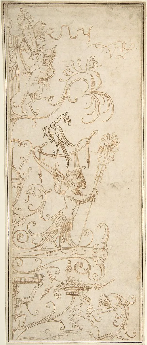 Antique-Style Ornamental Oblong Design: Grotesque Figures, Masks, and Amphorae — Anonymous, Italian, 16th century