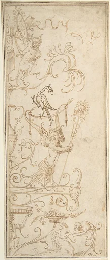 Antique-Style Ornamental Oblong Design: Grotesque Figures, Masks, and Amphorae