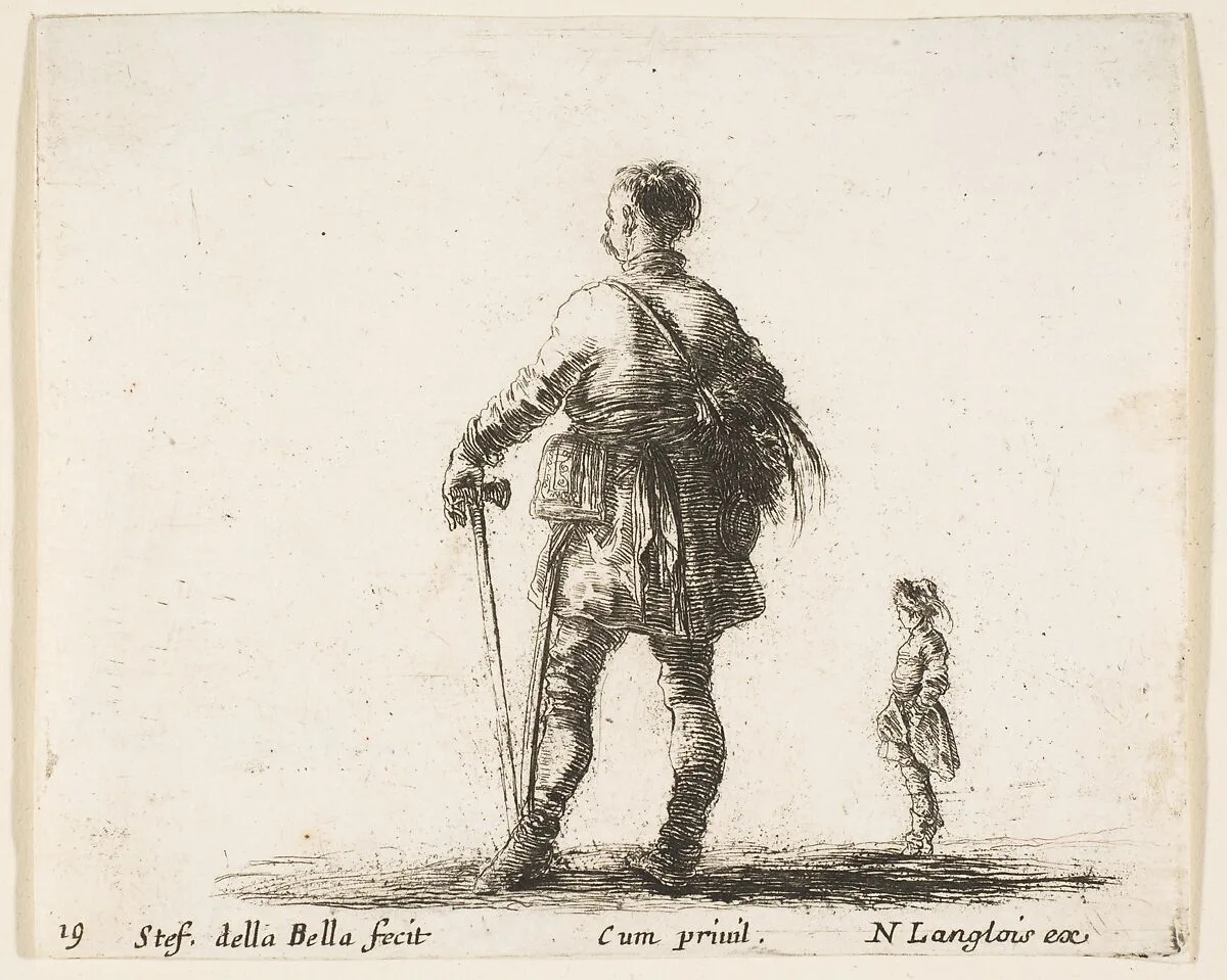 A Polish nobleman in court dress, standing in center, seen from behind, another nobleman to right in background, plate 19 from "Diversi capricci" — Stefano della Bella|Nicolas Langlois