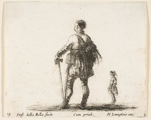 A Polish nobleman in court dress, standing in center, seen from behind, another nobleman to right in background, plate 19 from "Diversi capricci"