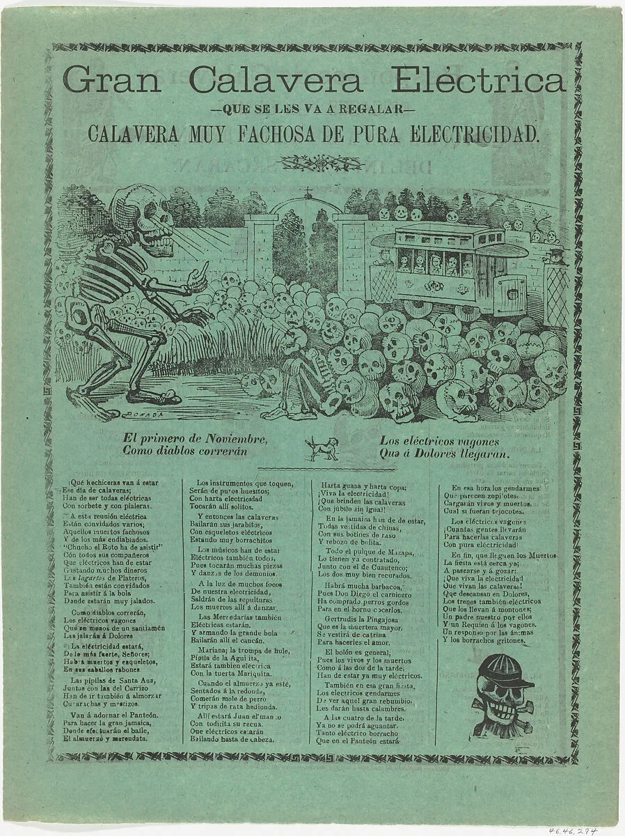 The grand electric skeleton, a large skeleton is hypnotizing a group of skulls and a sitting skeleton, an electric street car in the background — Antonio Vanegas Arroyo|José Guadalupe Posada