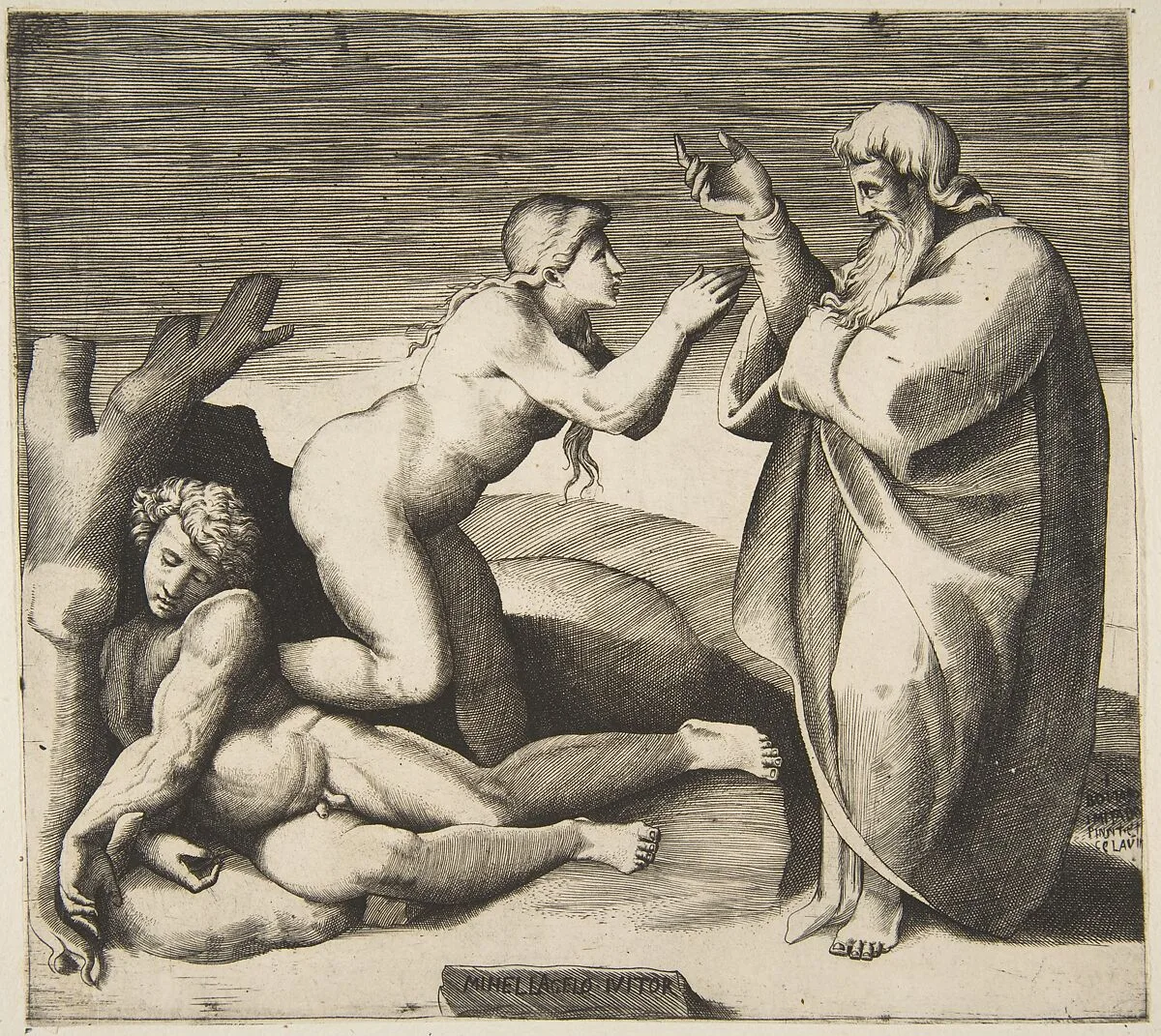 The creation of Eve who emerges from behind Adam — Giulio Bonasone|Michelangelo Buonarroti