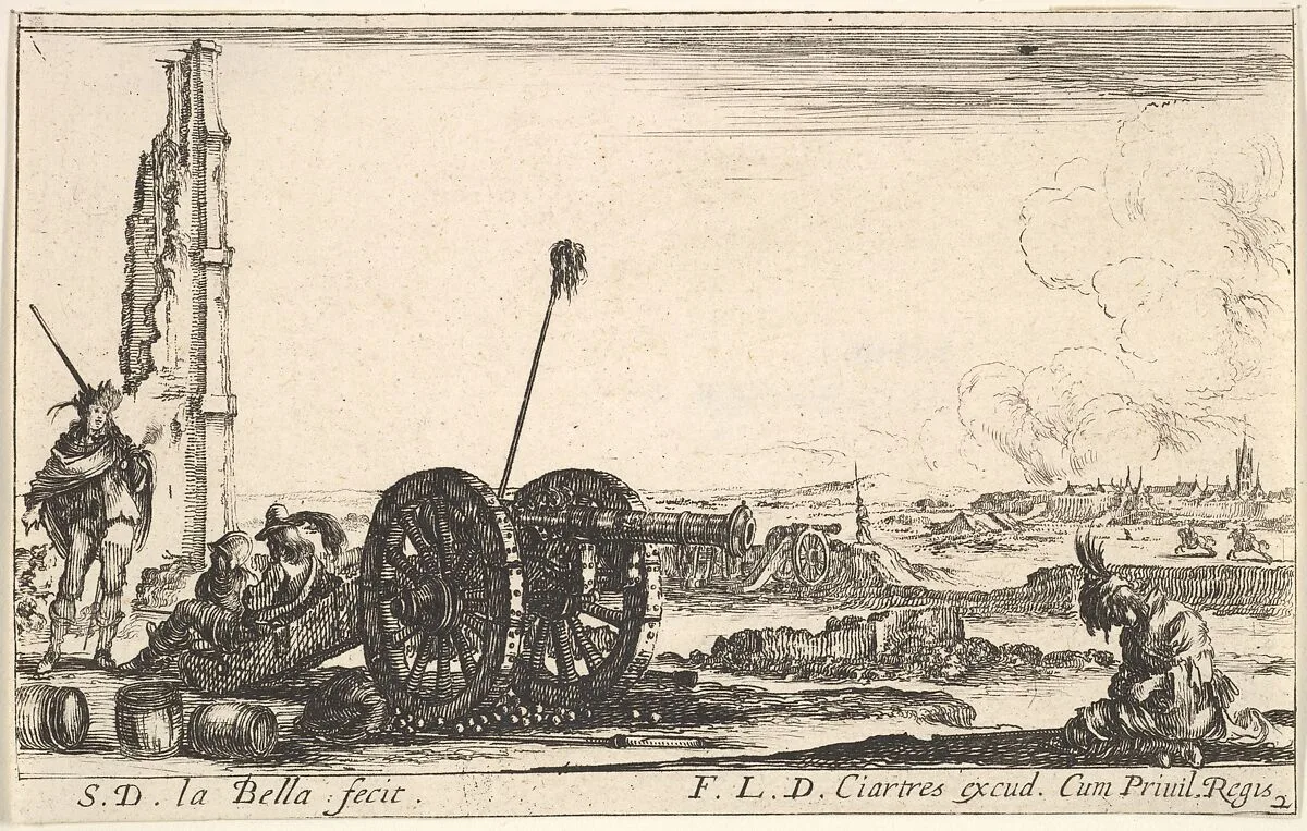 Plate 2: A cannon to the left, a town in the background, from 'Various Military Caprices' (Varii capricci militari) — Stefano della Bella|François Langlois