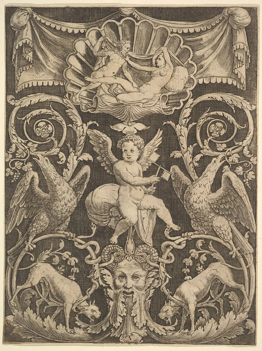 A panel of ornament with a putto in the centre holding a windmill — Master of the Die|Perino del Vaga (Pietro Buonaccorsi)