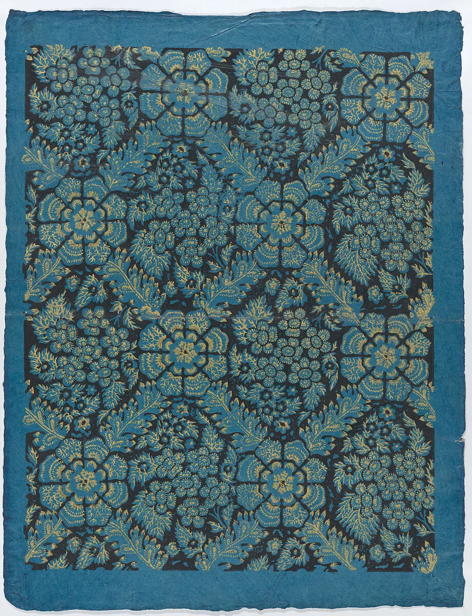 Sheet with overall floral pattern on blue background — Remondini Family|Anonymous