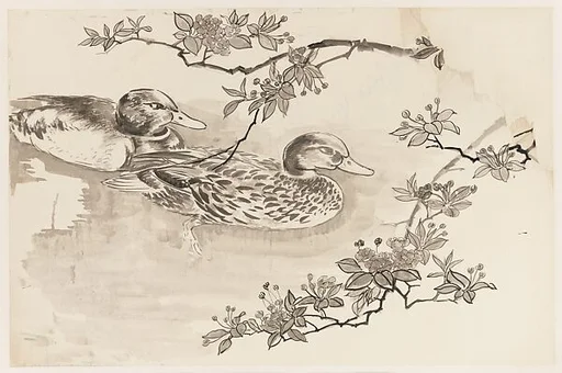 現代 謝稚柳 枝下遊鳧圖 鏡片|Ducks and Blossoming Branches