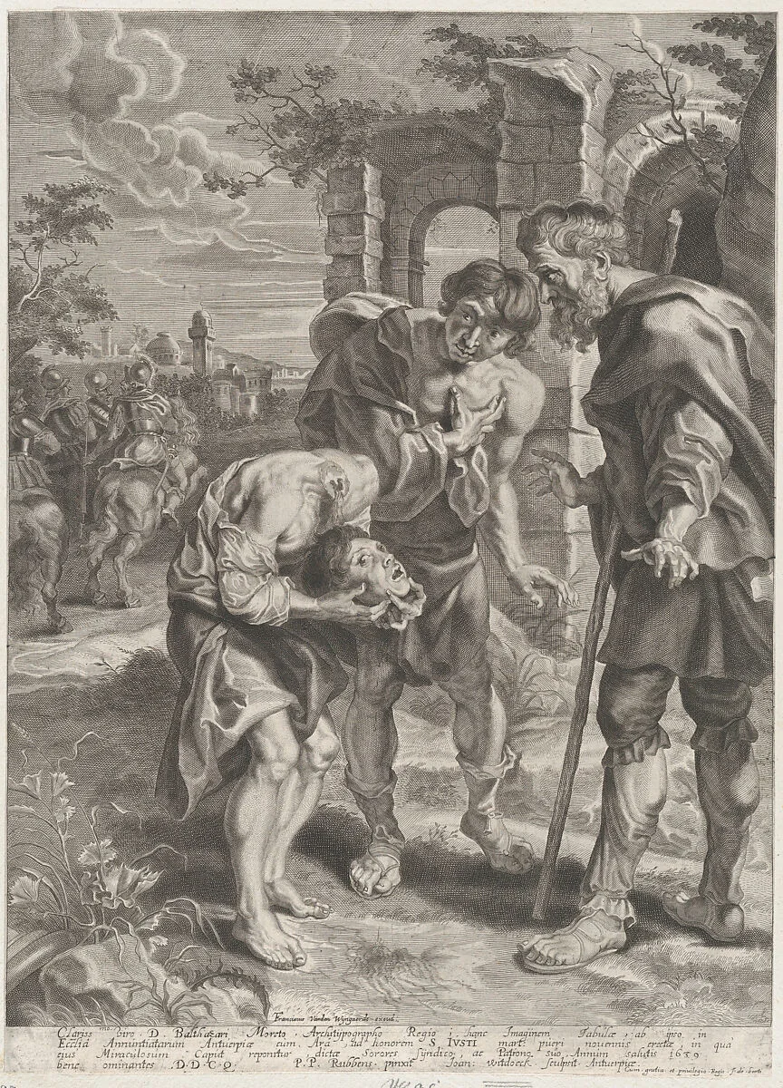 The miracle of Saint Just, who stands at center holding his decapitated head in his hands with two onlookers — Peter Paul Rubens|Frans van den Wyngaerde|Jan (Hans) Witdoeck