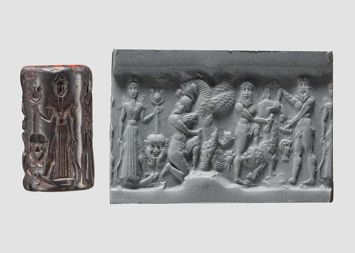Cylinder seal and modern impression: heroes and animals in combat, head of the monster Humbaba — Unknown