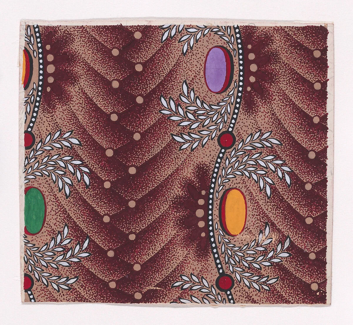 Textile Design with Alternating Vertical Stripes of Zig-Zagging Pearls Over Overlapping Scales and Ovals Framed By Crowns of Laurel Leaves Placed Alternately Along an Undulating Line Adorned with Pearls and Circles — Anonymous, Alsatian, 19th century