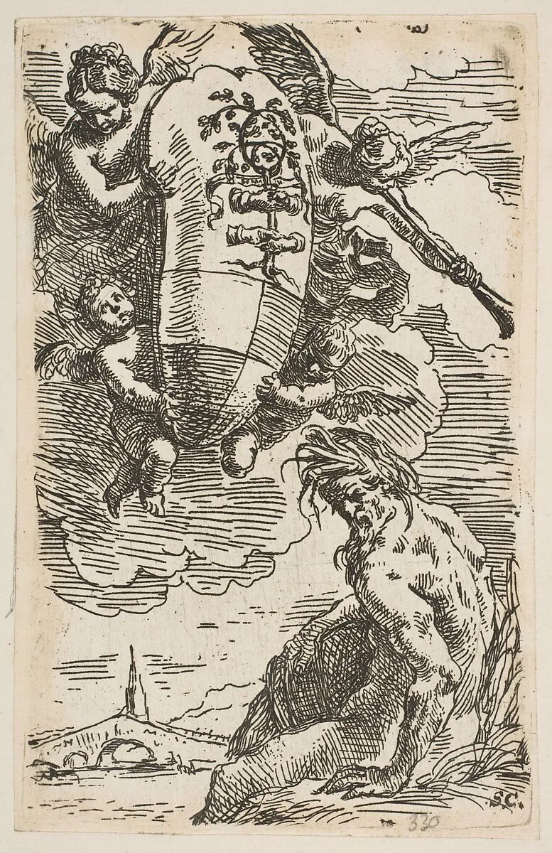 Allegory of the Foglia River with the city of Pesaro's coat of arms, frontispiece for 'Il Pesarese' — Simone Cantarini