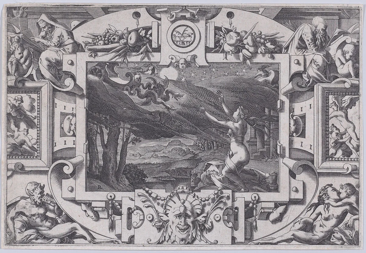 Medea and Her Chariot Drawn by Dragons (Echevellée et nue par nuit brune, en lieu désert invoque astres et lune...), from "Jason and the Golden Fleece" — René Boyvin|Leonard Thiry