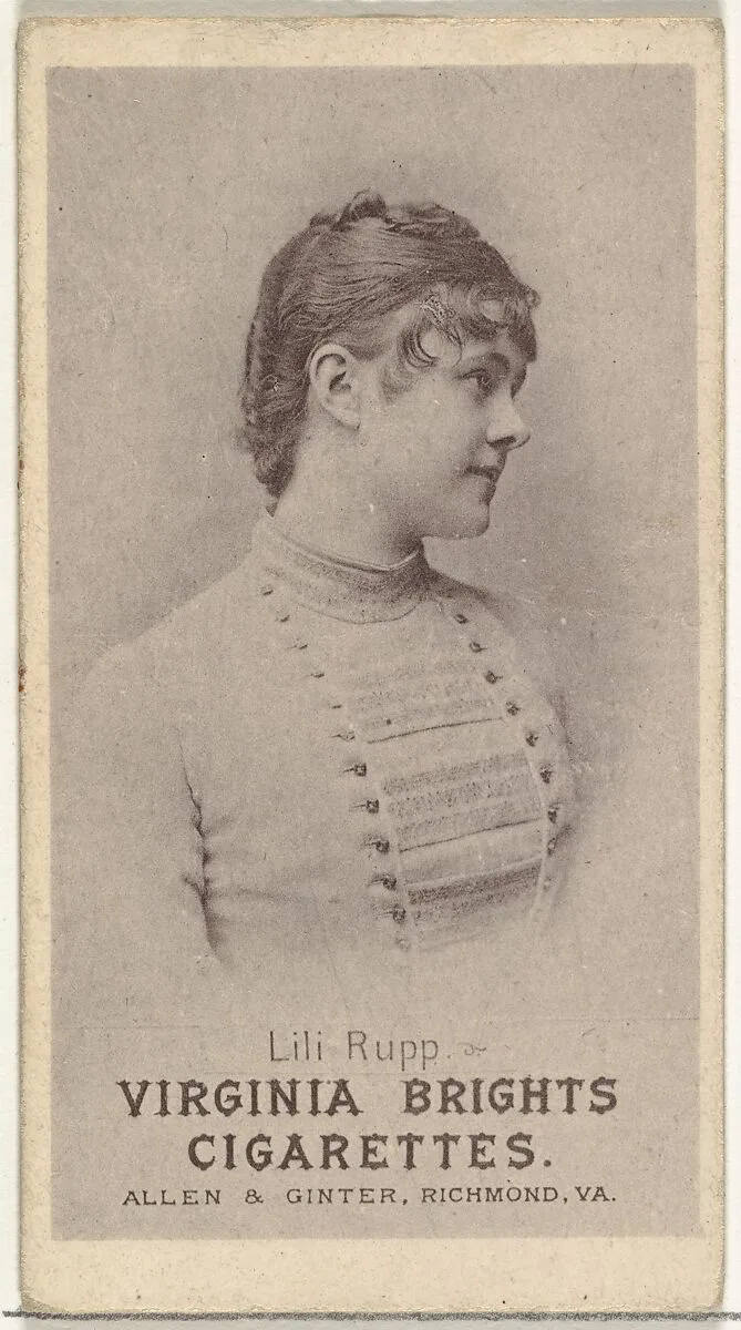 Lili Rupp, from the Actresses series (N67) promoting Virginia Brights Cigarettes for Allen & Ginter brand tobacco products — Allen & Ginter
