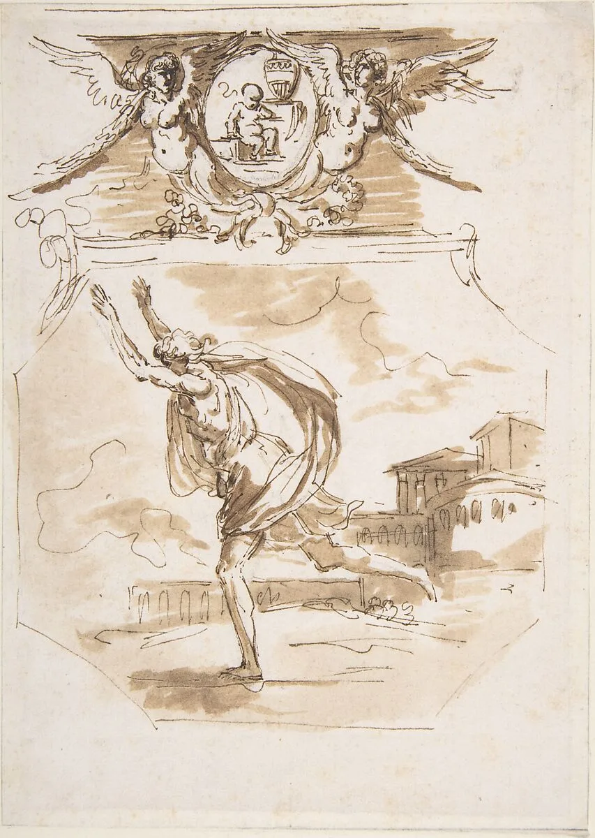 Draped Man Running; Cartouche Supported by Two Winged Victories — Etienne de Lavallée-Poussin
