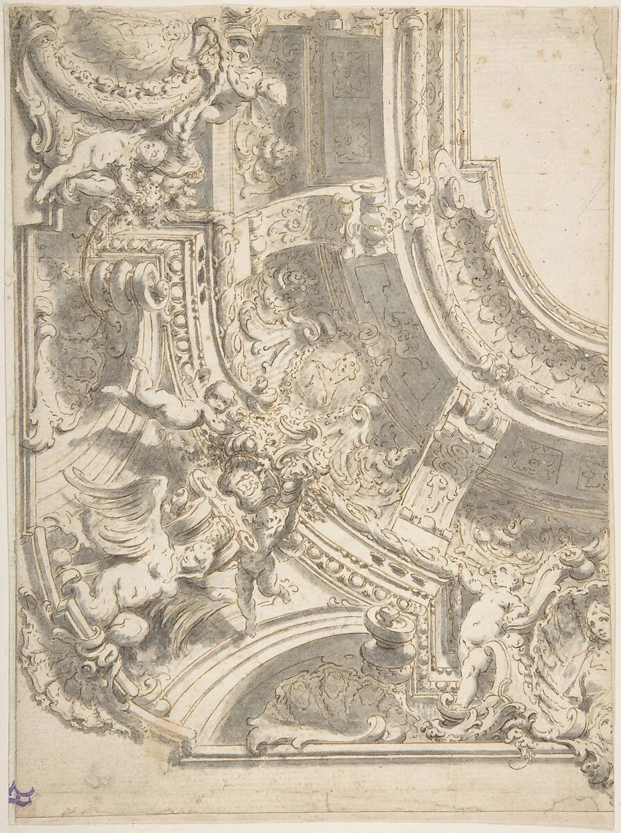Design for a Decorated Ceiling with Statues and Stucco — Vittorio Maria Bigari
