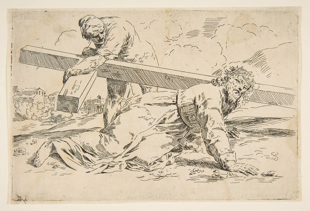 Christ bearing the cross on his back, copy after Cantarini — Simone Cantarini
