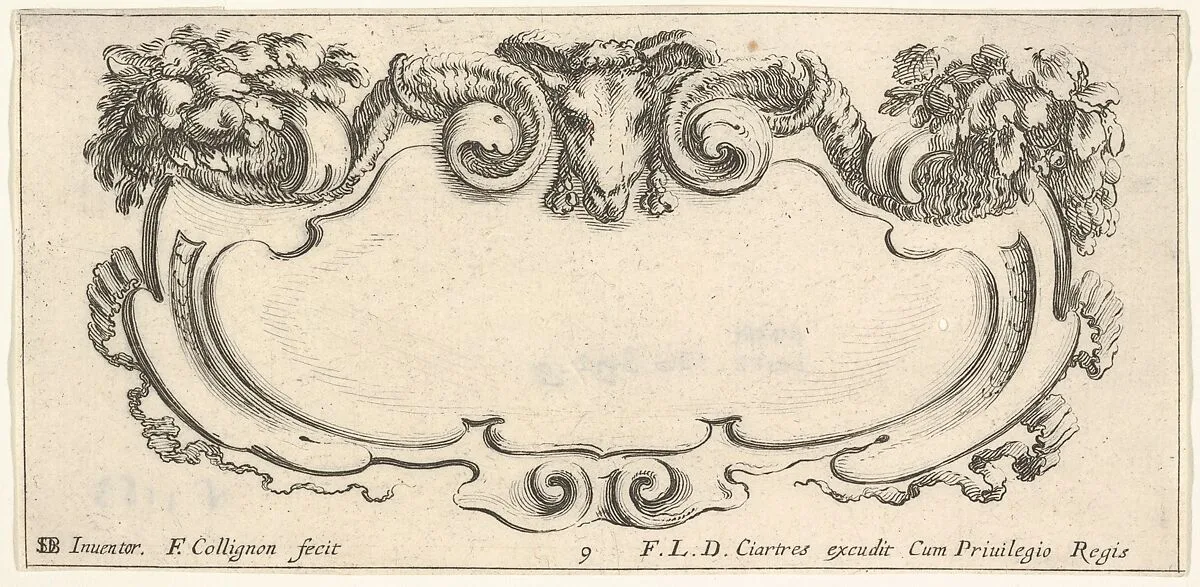Plate 9: a cartouche with the head of a ram at top center, flowers at top left and right, from 'Twelve cartouches' (Recueil de douze cartouches) — François Langlois|Stefano della Bella|François Collignon