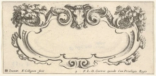 Plate 9: a cartouche with the head of a ram at top center, flowers at top left and right, from 'Twelve cartouches' (Recueil de douze cartouches)