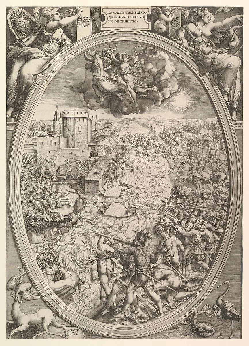 The Battle of Mühlberg with the army of Charles V crossing the Elbe River — Enea Vico|Giovanni Battista Scultori|Giovanni Battista Scultori|Battista Franco|Charles V, Holy Roman Emperor|Cosimo I de' Medici, Grand Duke of Tuscany