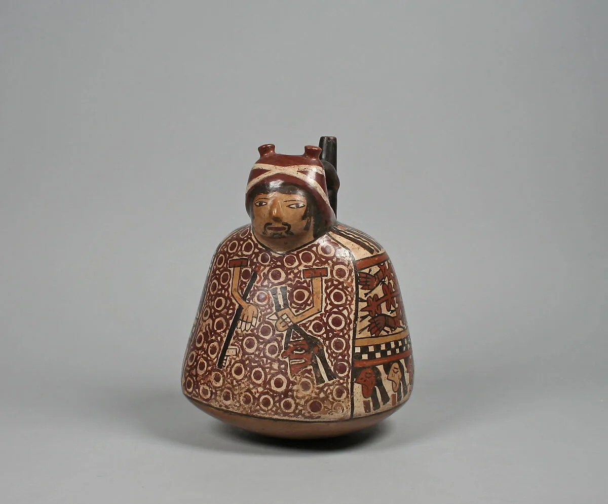 Spout-and-bridge bottle with warrior — Nasca artist(s)