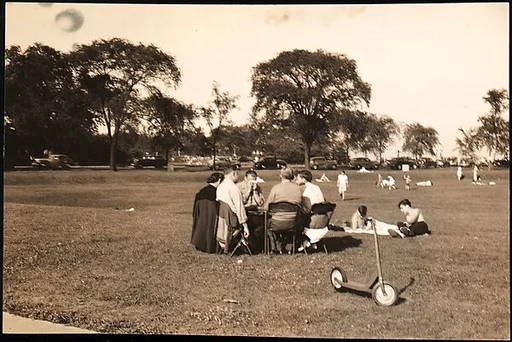 [Group Seated on Chairs in Park, for Fortune Portfolio: "Chicago: A Camera Exploration"]