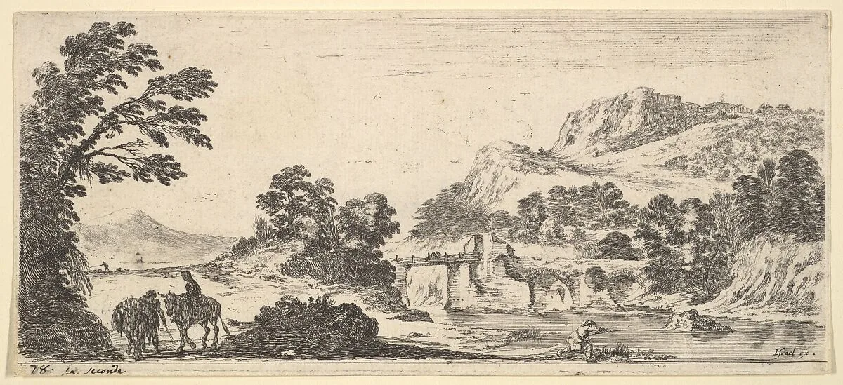 A mule carrying a woman and a peasant walking with a mule to left, a fisherman to right casting his line towards the right, a bridge in the center background, from 'Various landscapes' (Divers paysages) — Stefano della Bella|Israël Henriet