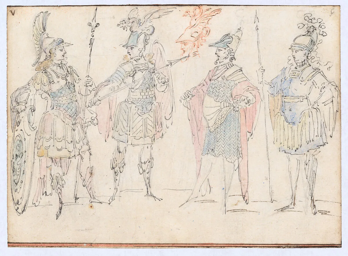 Four Actors in Heroic Costume, with a Study of a Helmeted Head — Claude Gillot