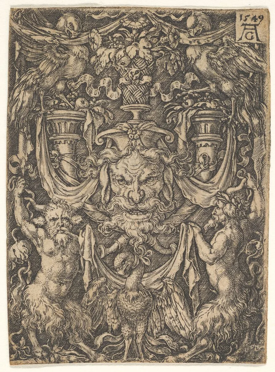 Ornamental Design with a Mask and an Eagle between Two Fauns below — Heinrich Aldegrever