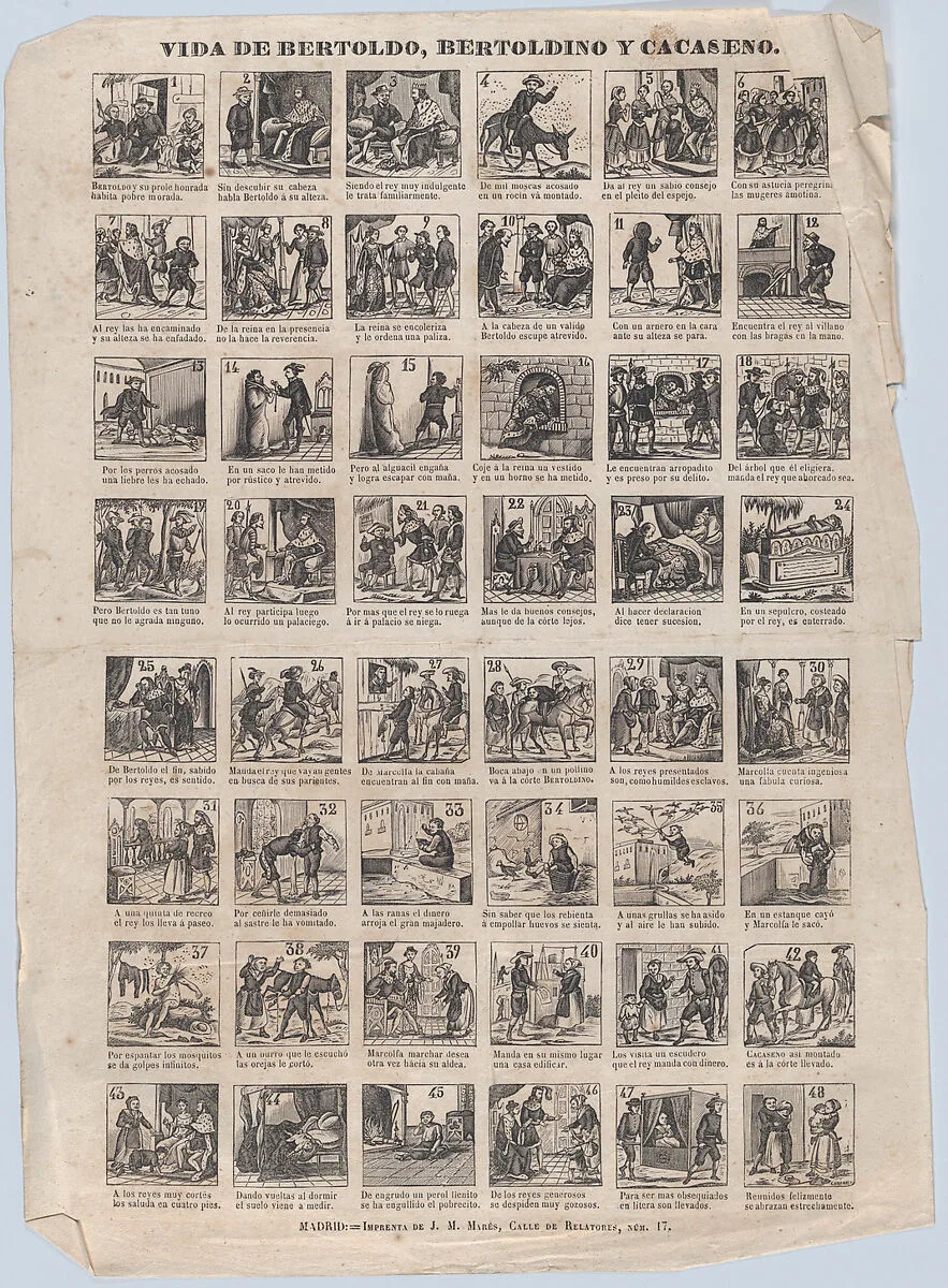 Broadside with 48 scenes from the lives of Bertoldo, Bertoldino and Cacaseno — José María Marés