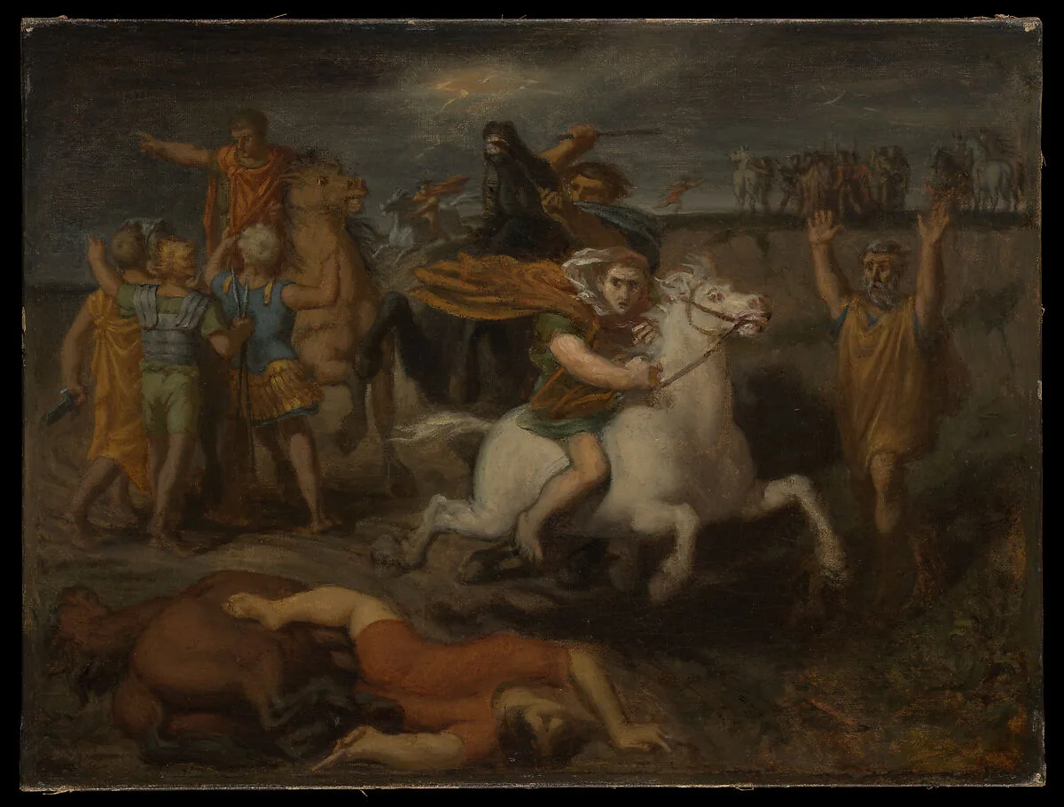 Scene from the Gallic Wars: The Gaul Littavicus, Betraying the Roman Cause, Flees to Gergovie to Support Vercingétorix — Théodore Chassériau