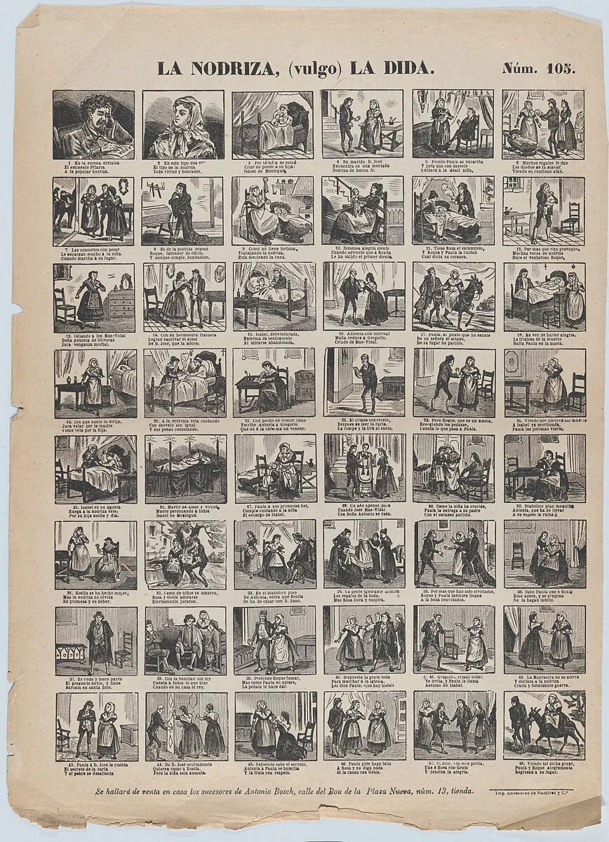 Broadside with 48 scenes relating to the nurse — Narciso Ramirez|Antonio Bosch