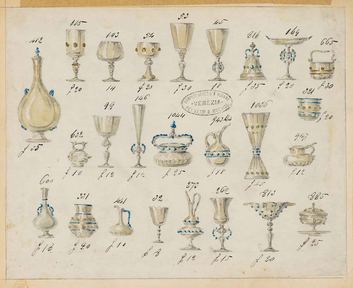 One of Twenty-Three Sheets of Drawings of Glassware (Mirrors, Chandeliers, Goblets, etc.) — Compagnia di Venezia e Murano