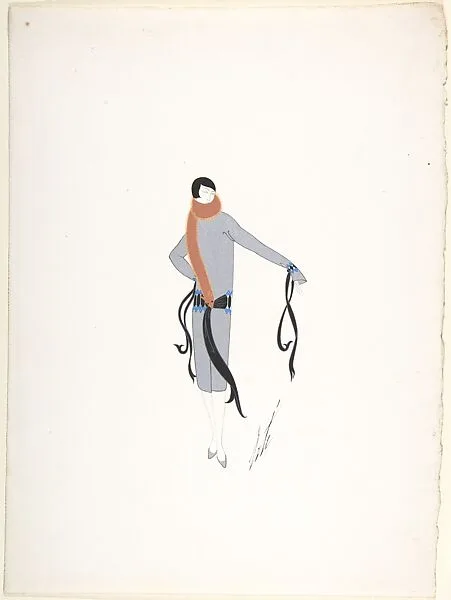 Design for Silver Coat Trimmed in Black Sashes for "Manhattan Mary," Majestic Theater, New York — Erté (Romain de Tirtoff)