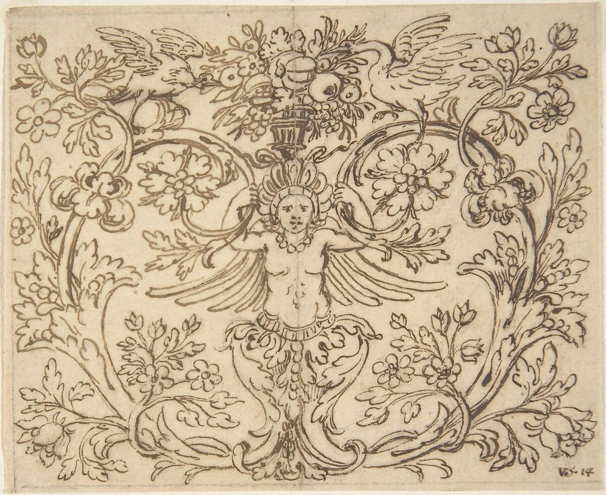 Design for a Decroative Panel with a Hybrid Figure from which Two Tendrils Emerge — Anonymous, Italian, 16th to 17th century