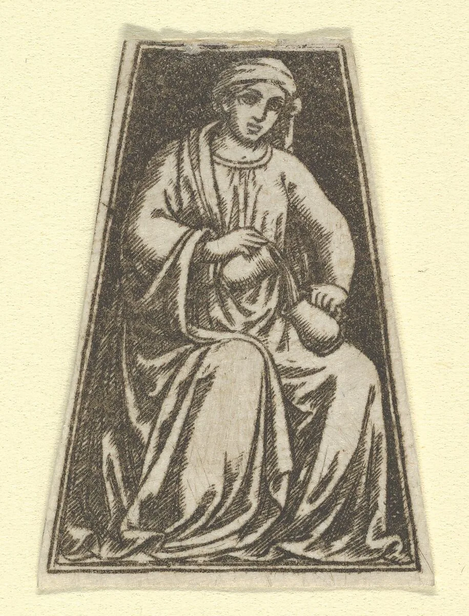 The cardinal virtue of Temperance represented by a seated woman pouring wine(?) from one jug into another (possibly a modern impression) — Anonymous