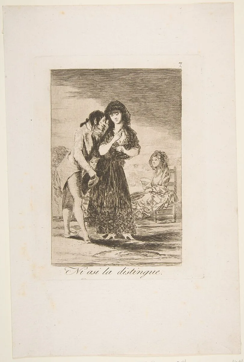 Plate 7 from 'Los Caprichos': Even thus he cannot make her out (Ni asi la distingue.) — Goya (Francisco de Goya y Lucientes)