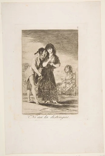 Plate 7 from 'Los Caprichos': Even thus he cannot make her out (Ni asi la distingue.)