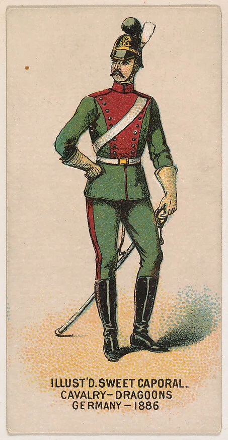 Cavalry, Dragoons, Germany, 1886, from the Military Series (N224) issued by Kinney Tobacco Company to promote Sweet Caporal Cigarettes — Kinney Brothers Tobacco Company