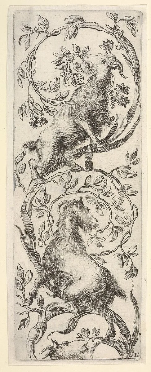 Three goats climbing a vine in the shape of a backwards 'S', from 'Ornaments or Grotesques' (Ornamenti o Grottesche) — Stefano della Bella
