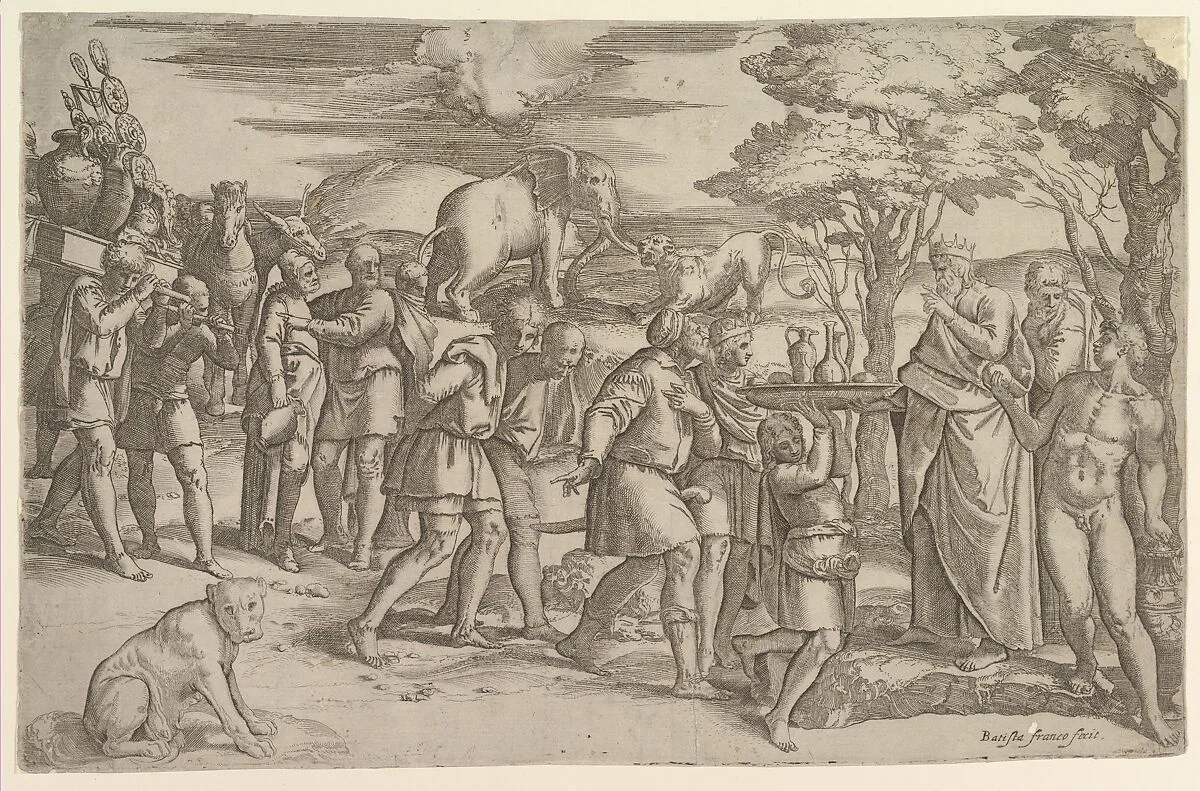 Melchizadek offering bread and wine to Abraham — Battista Franco