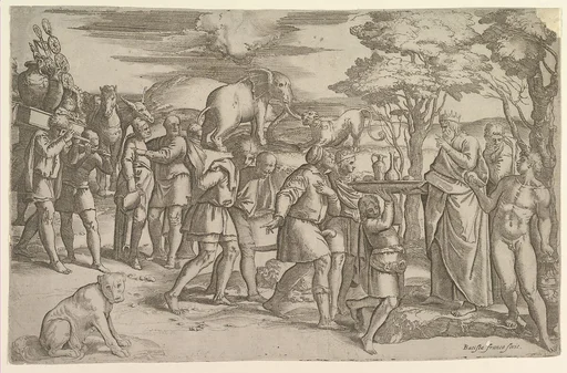 Melchizadek offering bread and wine to Abraham