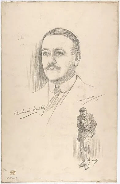 Portrait Head of the actor Sir Charles Henry Hawtrey, also shown full-length in costume — Charles A. Buchel|John Hassall|Sir Charles Henry Hawtrey