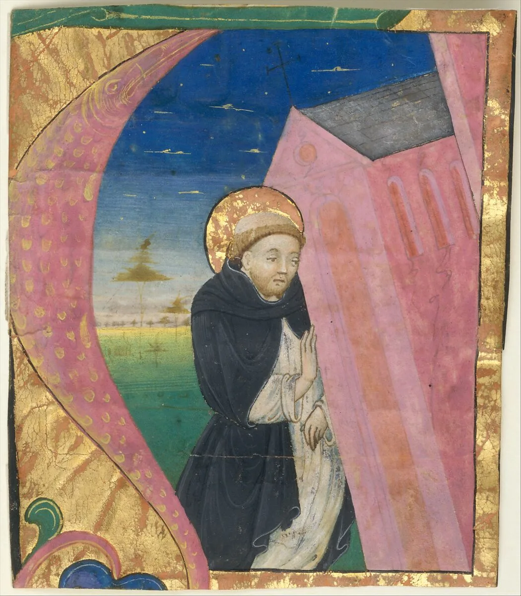 Manuscript Illumination with Saint Dominic Saving the Church of Saint John Lateran in an Initial A, from a Gradual — Unknown