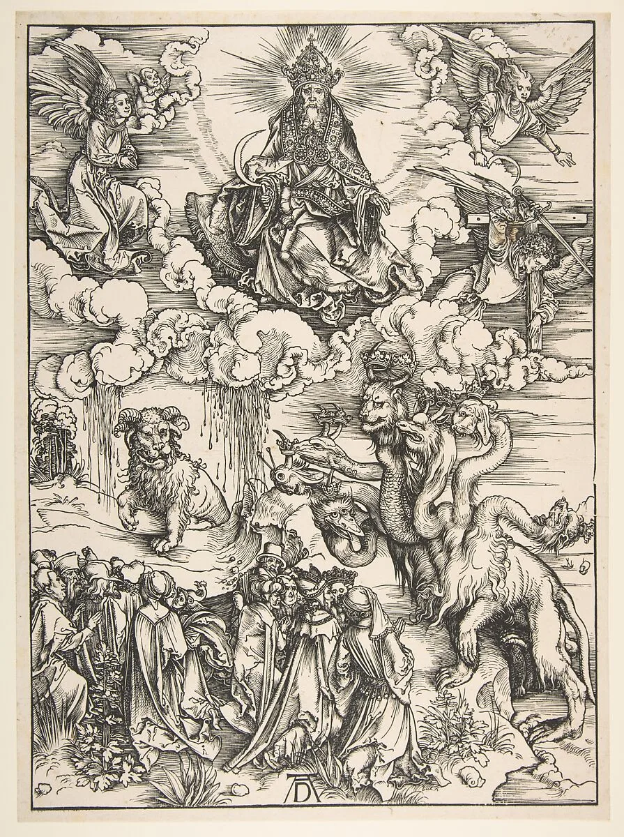 The Beast with Seven Heads and the Beast with Lamb's Horns, from the Apocalypse series — Albrecht Dürer