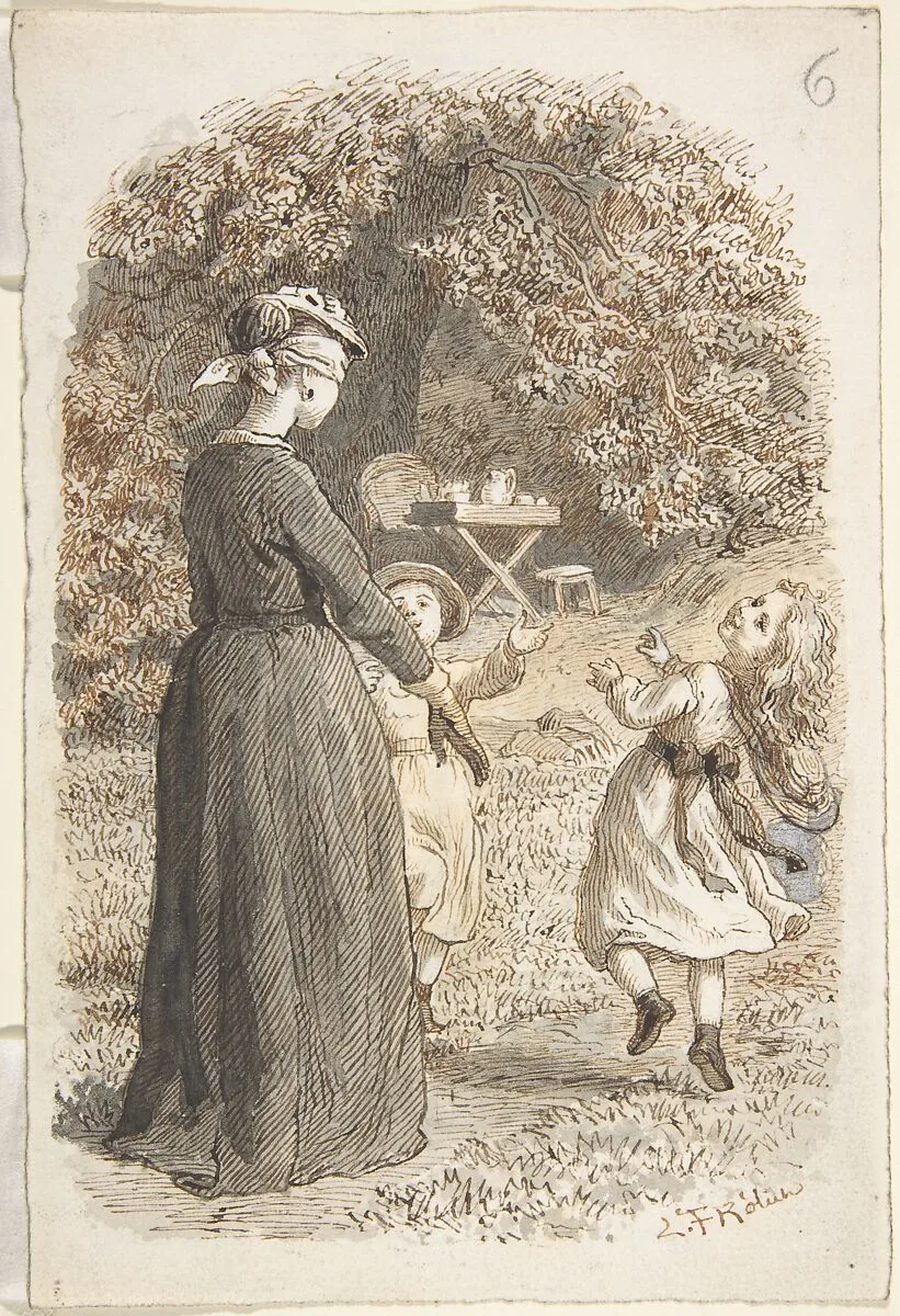 A Mother and Two Children Playing Blind Man's Bluff — Lorenz Frølich