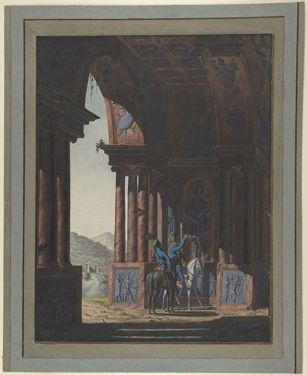 Two Mounted Soldiers in Classical Ruins, for a poem by Cremes — Franz von Hauslab the Younger