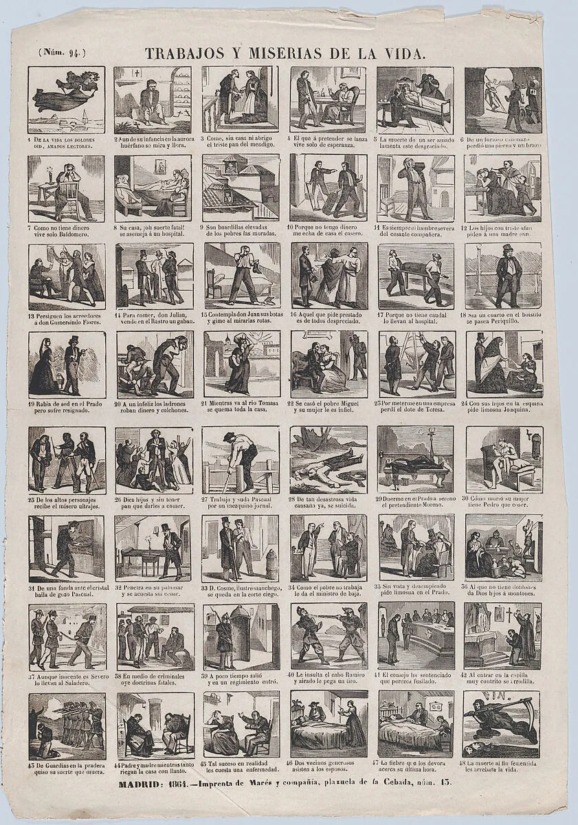 Broadside with 48 scenes depicting the trials and tribulations of life — José María Marés