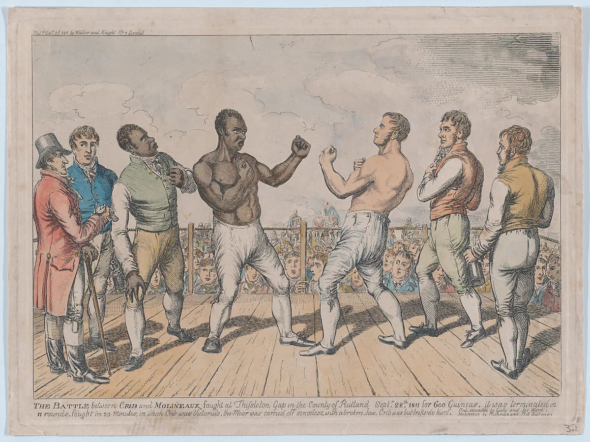 The Battle Between Cribb and Molineaux, September 28, 1811 — Bill Gibbons|George Cruikshank|Thomas Cribb|Tom Molineaux|Walker and Knight, London|Bill Richmond, "The Black Terror"|John Jackson|John Gully|Joe Ward